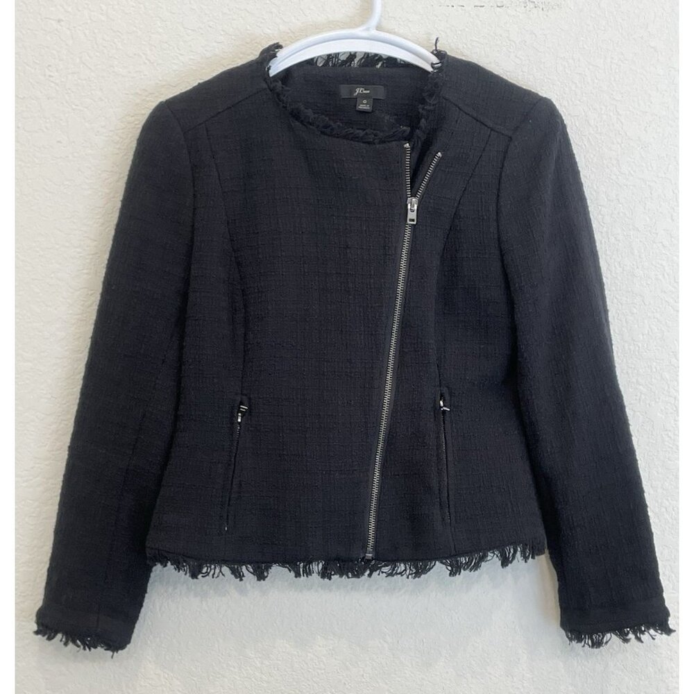 J.Crew Black Blazer Jacket 0 With Fringe Career Office Motorcycle Zip Up